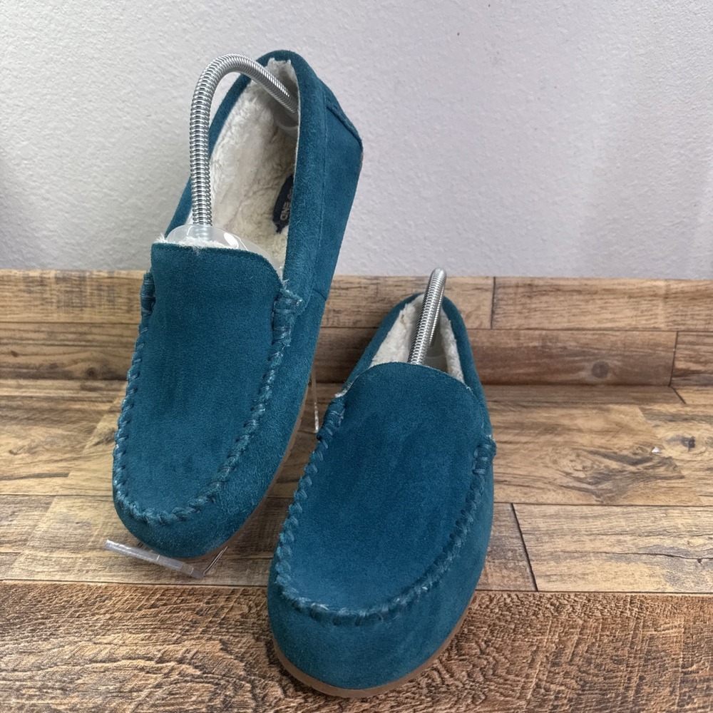 Lands End Women's Fuzzy Lined Suede Moccasin Slippers Turquoise